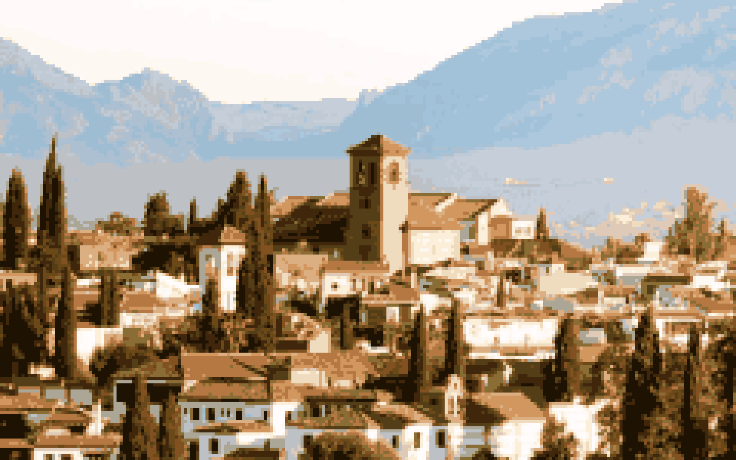 Pixel-art view of the Albaicín rooftops in Granada